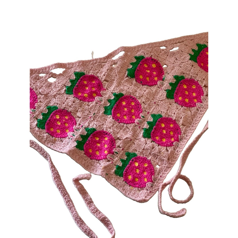 Handmade Crochet Strawberry Hair Bandana Pink Kerchief Scarf Cottagecore Coquett